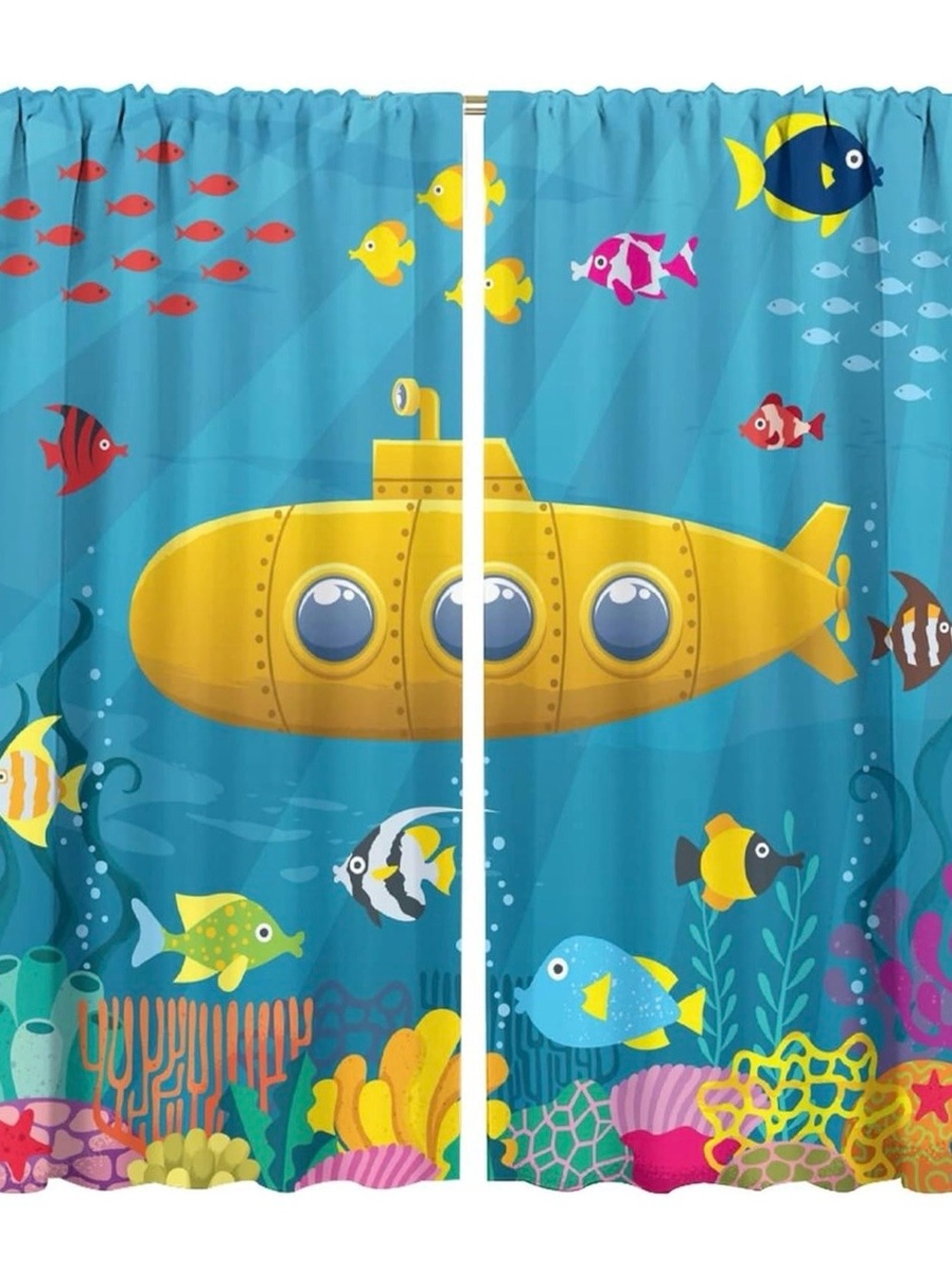 Kids Yellow Submarine Ocean Curtains - Vibrant Blue Underwater Design